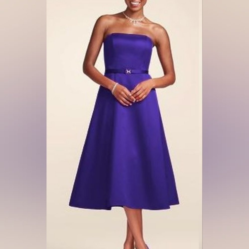 NWT David's Bridal Blue Strapless Tea Length Dress  w Rhinestone Belt Woman 12